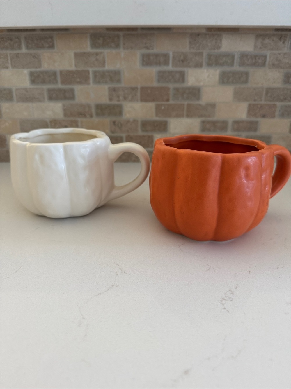 Cream and Orange Pumpkin Ceramic Mugs - Set of 2 NWOT
